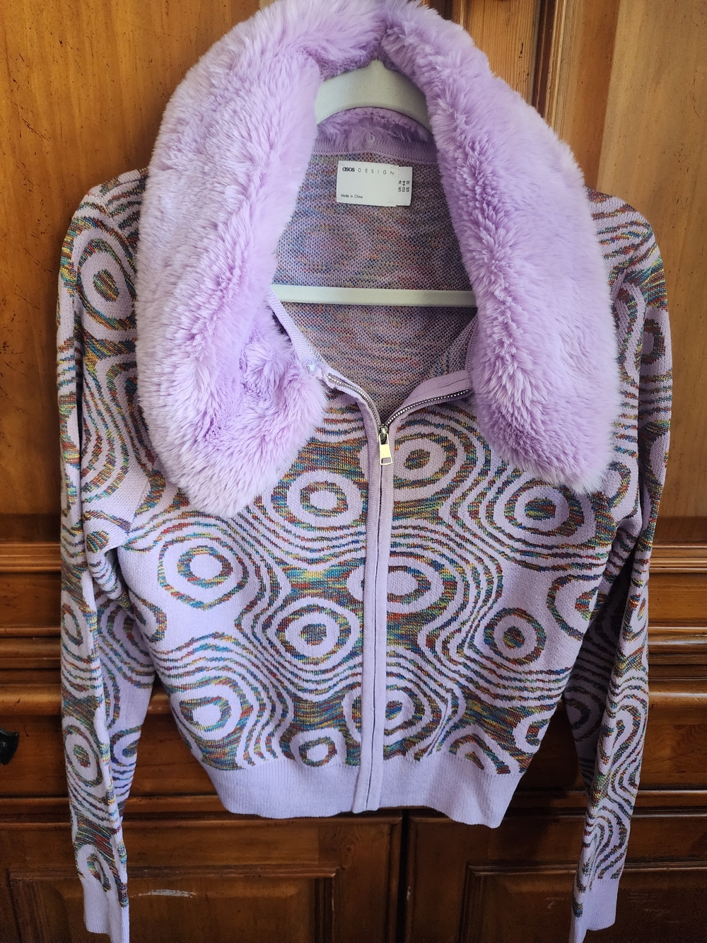 ASOS Lavender Faux-Fur Detachable Collar Zip Cardigan with Multicolor Swirl Knit